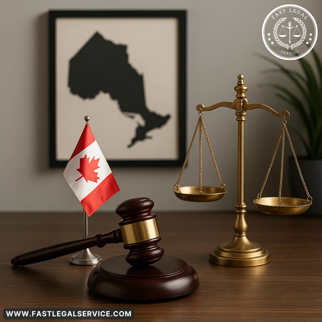 Gavel, Canadian flag, and justice scale on a desk, with a framed map of Ontario in a modern legal office setting.