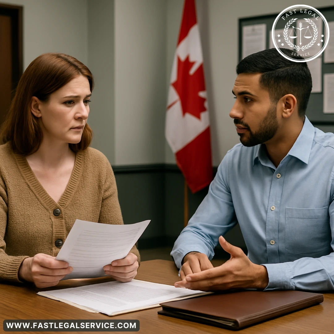Person receiving legal guidance from a paralegal in a government office setting, with Canadian flag visible