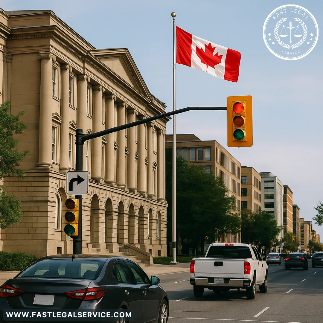 Imagem realista de rua movimentada em Ontário com tribunal e bandeira do Canadá