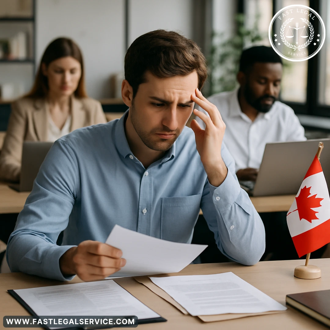 Thoughtful office worker with colleagues in background, seated at a desk with the Canadian flag visible