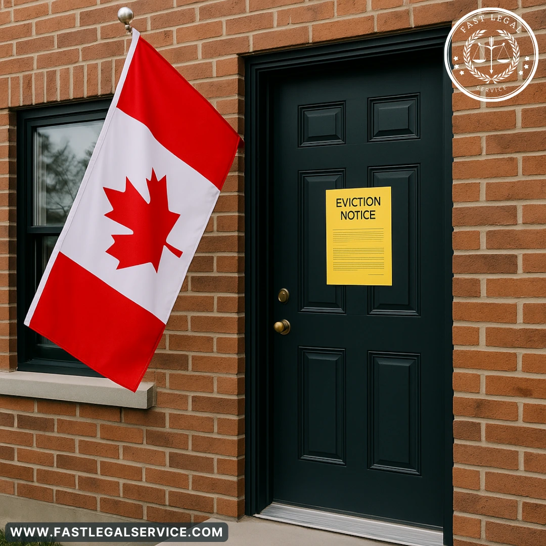 Canadian flag next to a residential brick door with a yellow eviction notice posted