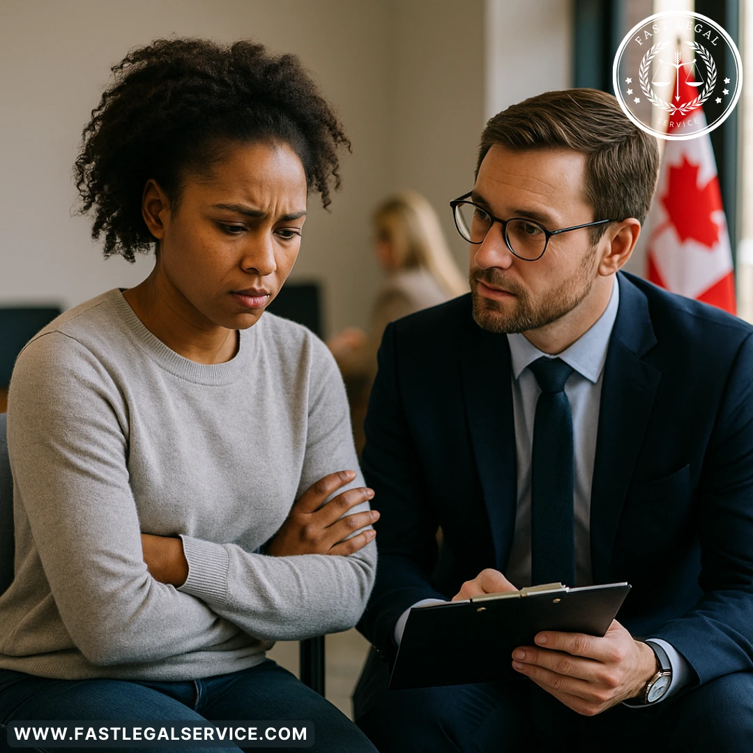 Person facing workplace discrimination receiving legal support, with Canadian flag in the background