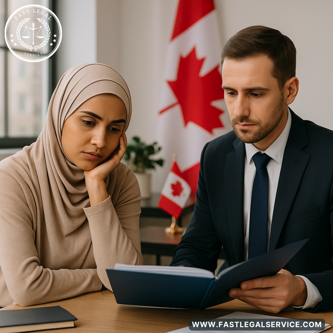 A square photo shows a South Asian woman in a beige hijab meeting with a suited paralegal in an office setting. They review documents together, with a Canadian flag and legal environment emphasizing immigration support in Ontario.