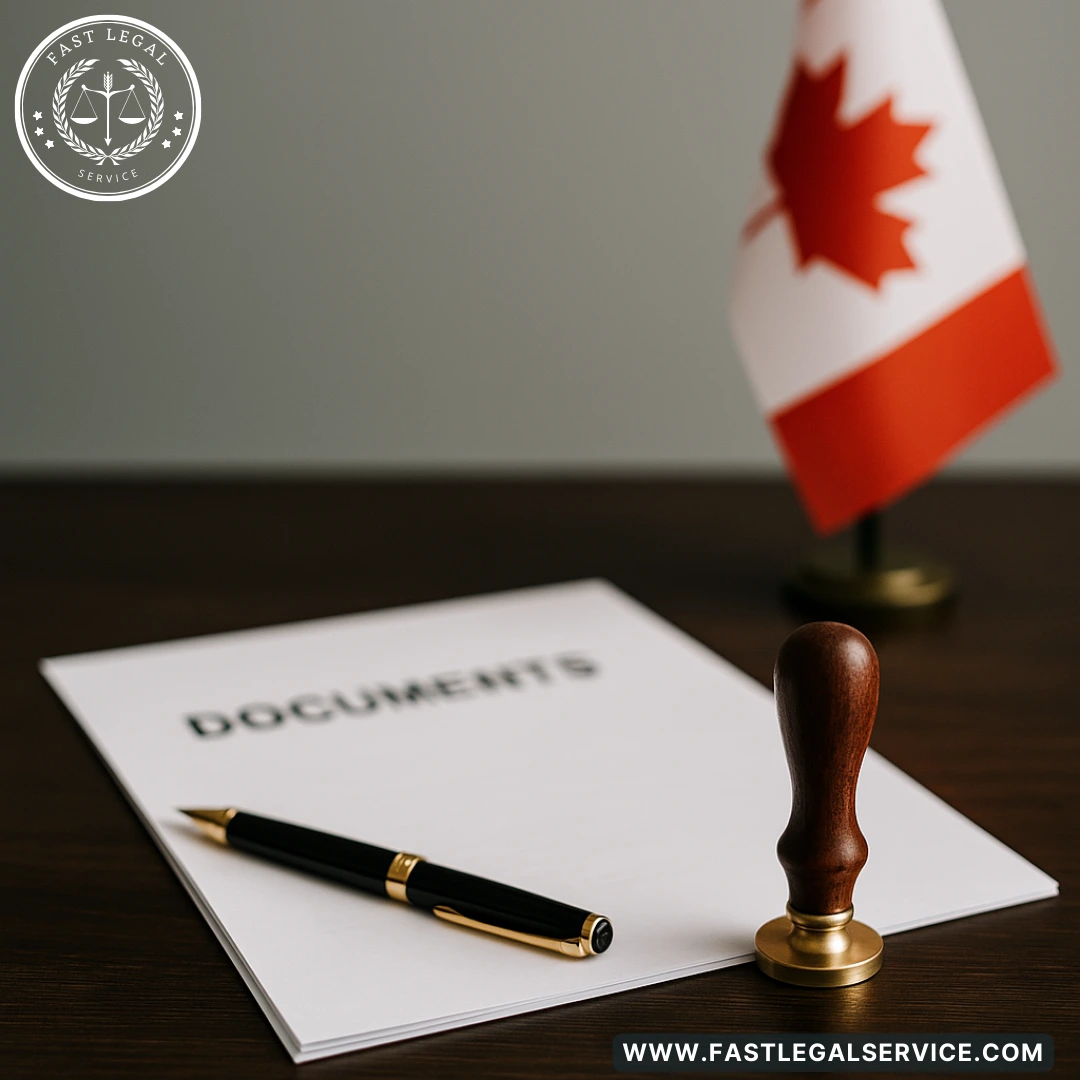 Notary public scene with documents, pen, and seal on a wooden desk, with the Canadian flag in the background
