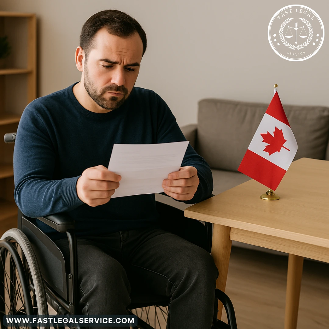 Man in a wheelchair reading a government letter at home with a small Canadian flag on a nearby table