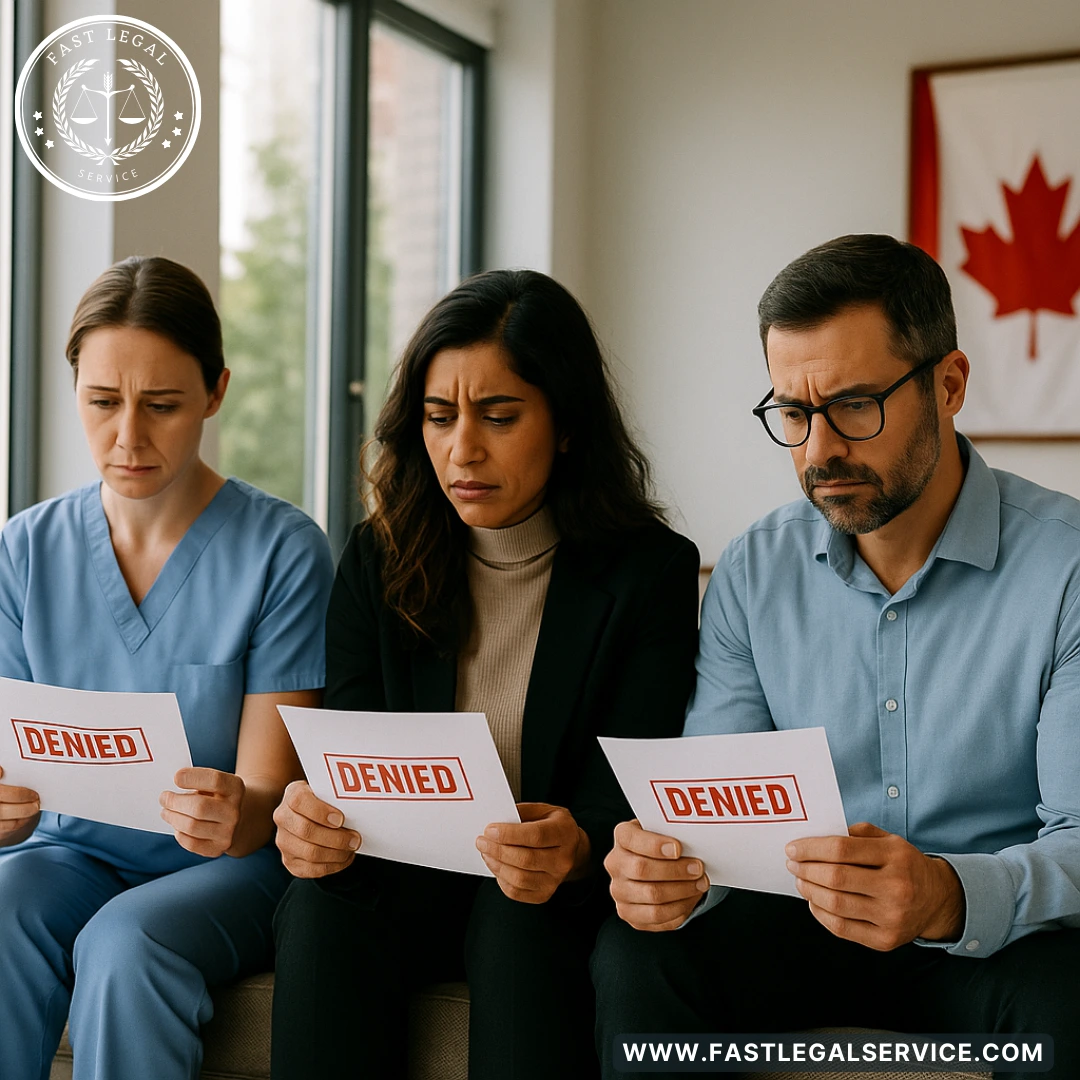 Three professionals from nursing, accounting, and engineering holding a denial letter, looking concerned