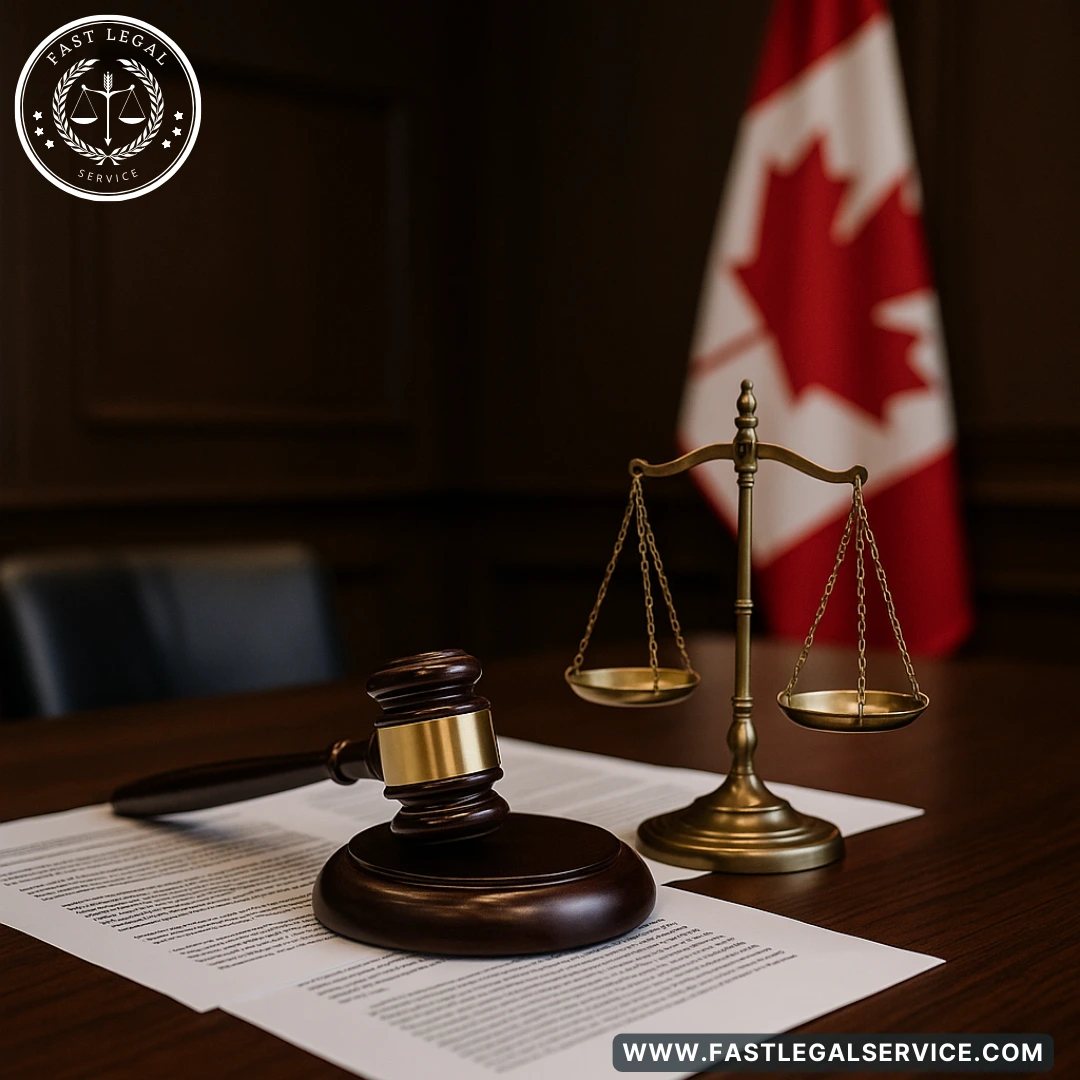 Courtroom scene in Canada with gavel, scales of justice, and legal documents