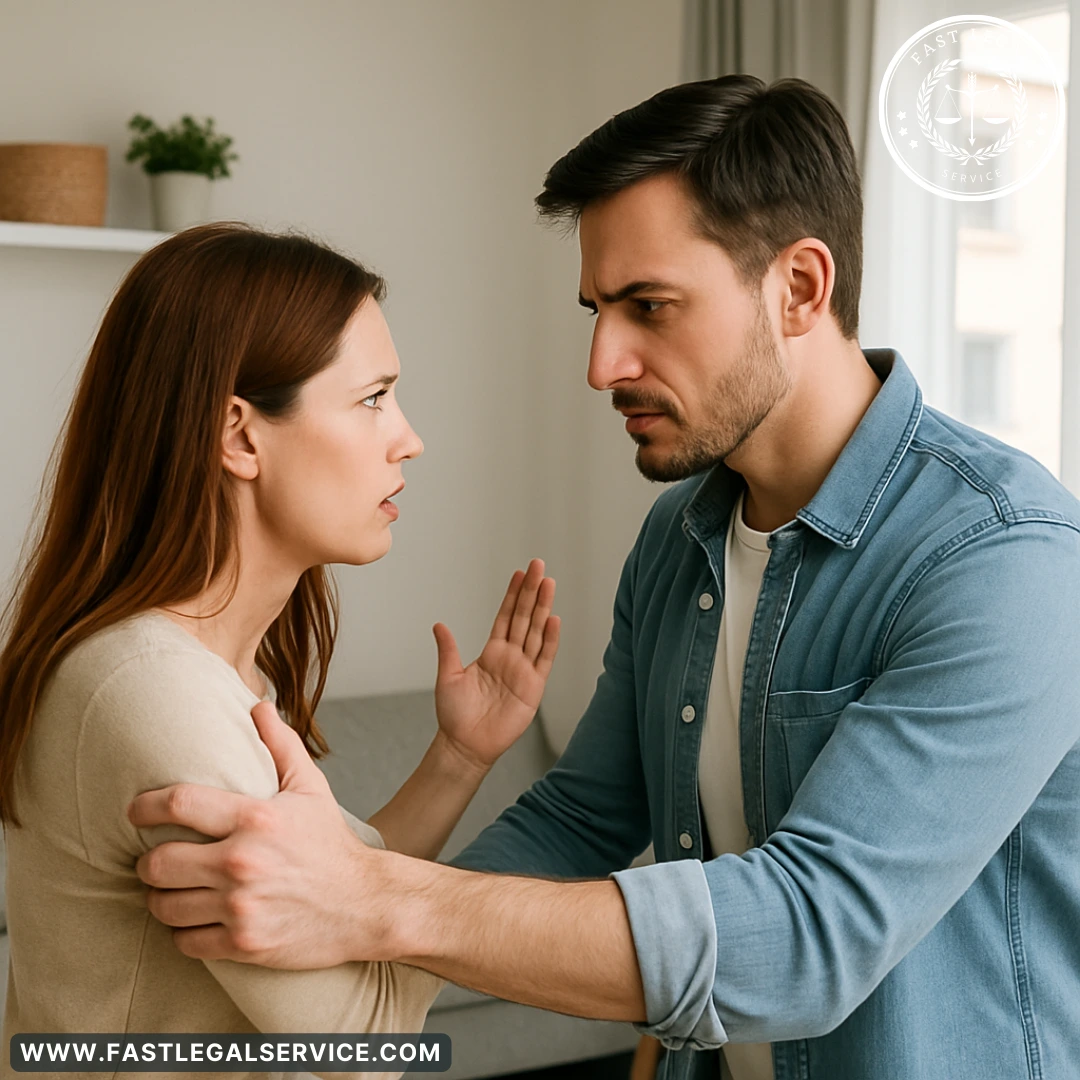 A Caucasian couple in a tense moment at home, reflecting a possible domestic conflict situation relevant to legal proceedings in Ontario.